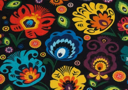 T6329 Trikå Färgglada blommor svart (5 m)