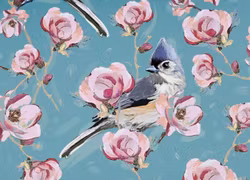 V1061 Bomullsväv Fåglar och blommor blå (5 m)