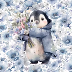 T7007 Joggingtyg Pingvin i blå blomster  (40 x 50 cm) 5-pack