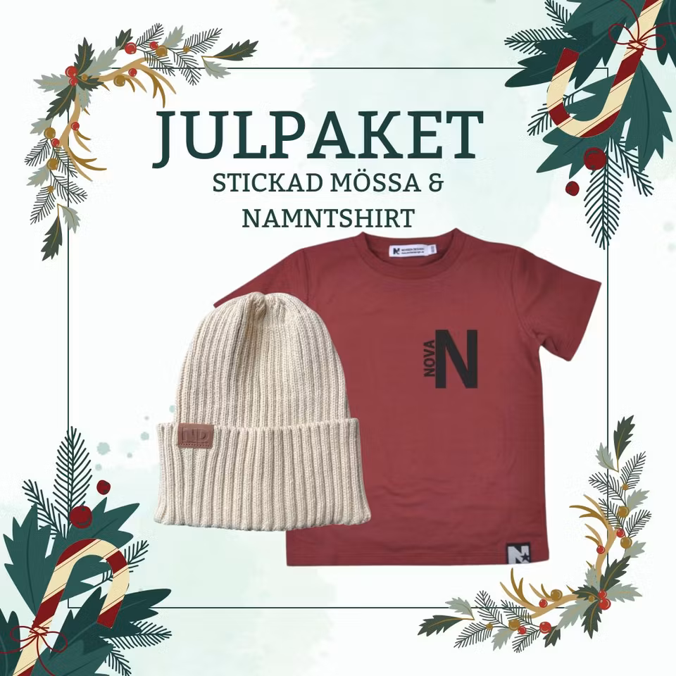 JULPAKET - Stickad mössa & Namntshirt (merlot)