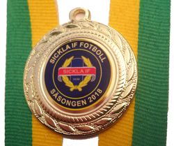Medalj i storlek 40 mm med egen logo, band & text