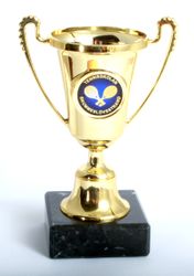 Liten guldpokal 130 mm med idrottsmotiv, eller egen logo & text