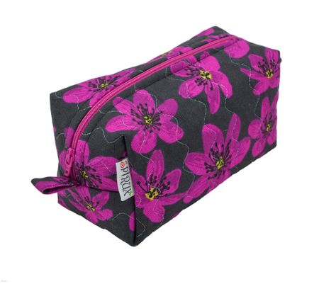 Liten svart necessär med rosa/lila blommor