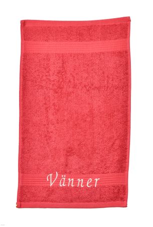 Röd handduk med broderad text "Vänner"