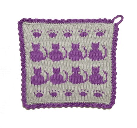 Ljusgrå grytlapp med lila katter