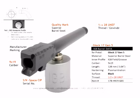 IGB - Glock 17 Gen5 IGB Threaded Barrel 1/2x28 UNEF