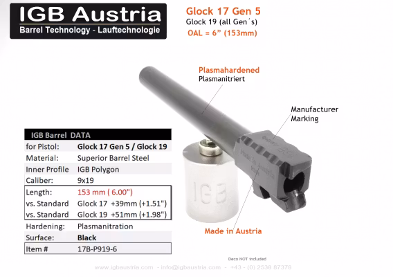 IGB - 6" IGB Glock 17 Gen5 / Glock 19 Barrel
