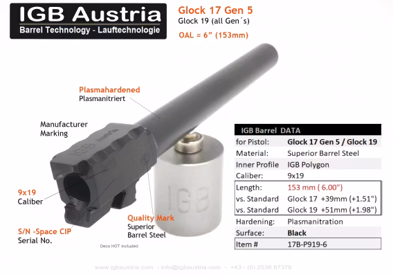 IGB - 6" IGB Glock 17 Gen5 / Glock 19 Barrel