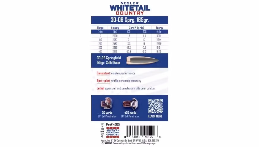 Nosler - Whitetail Country Ammunition -30-06 Sprg - 165g - SB SP - 20/ask