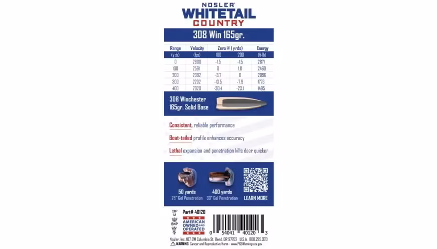 Nosler - Whitetail Country Ammunition - 308 Win - 165g - SB SP - 20/ask
