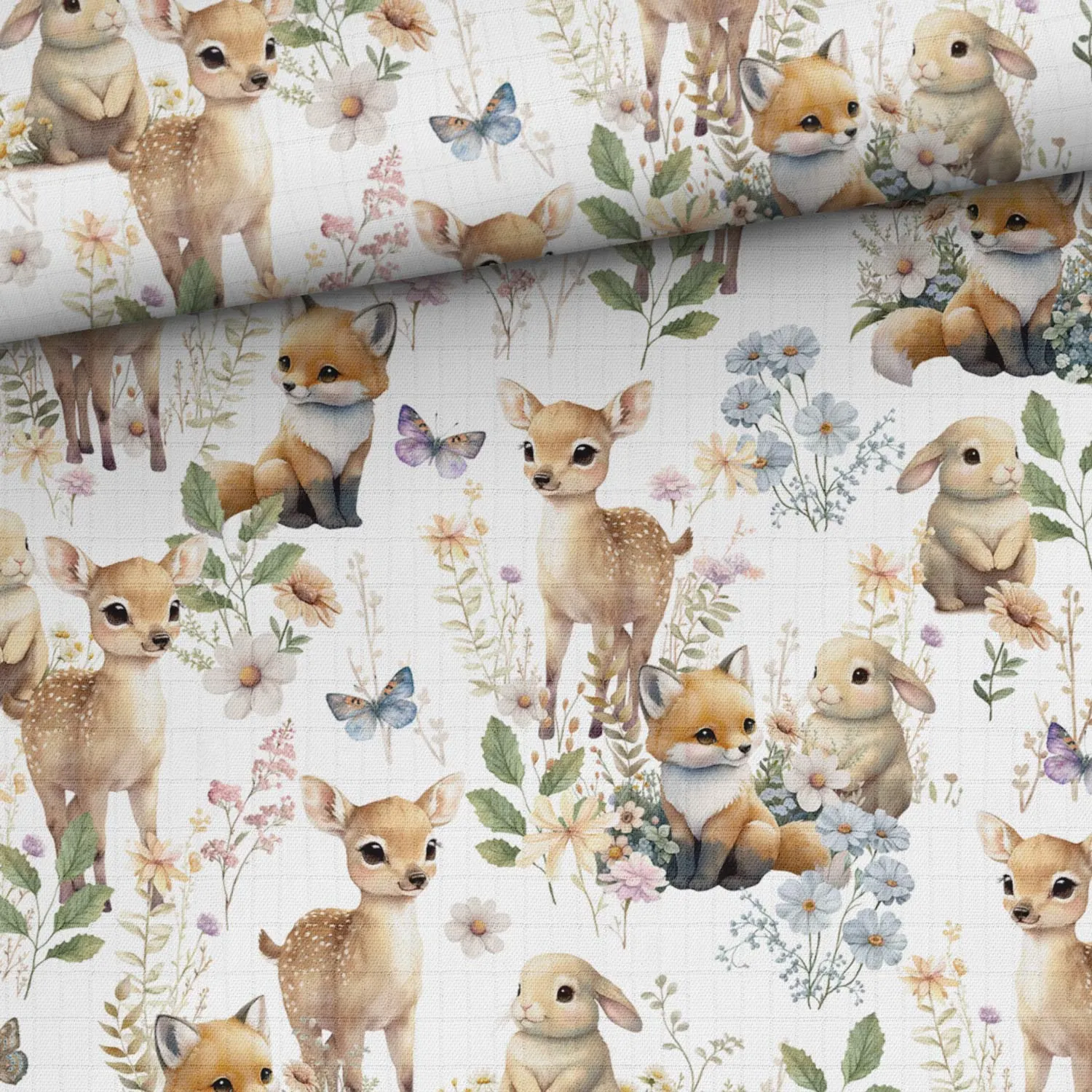 Bambumuslin Djur på äng vit - Happy Hobby – Köp tyger, Scrapbooking ...