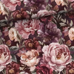 Bomullsjersey Vinröda blommor