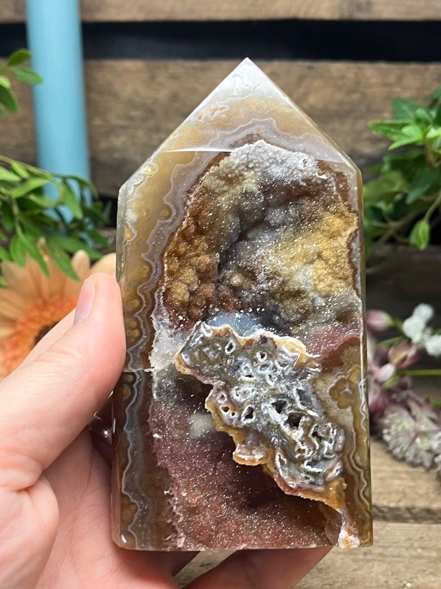 Agat, Polerad naturlig Spets med Druze #A