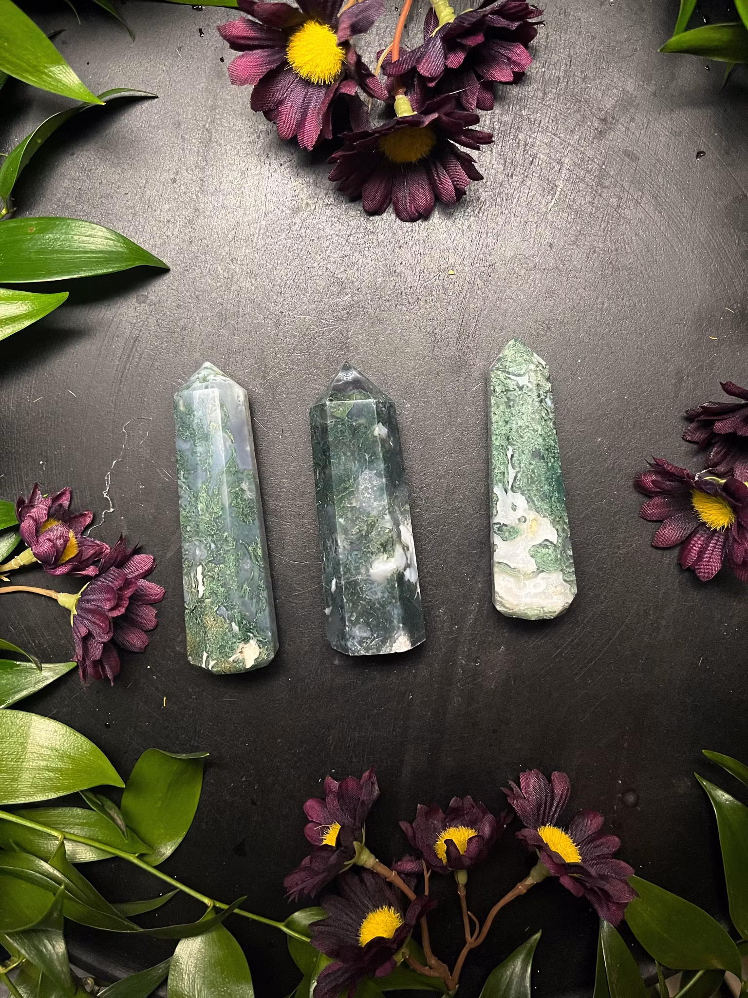 Moss agat torn polerade (obelisk)