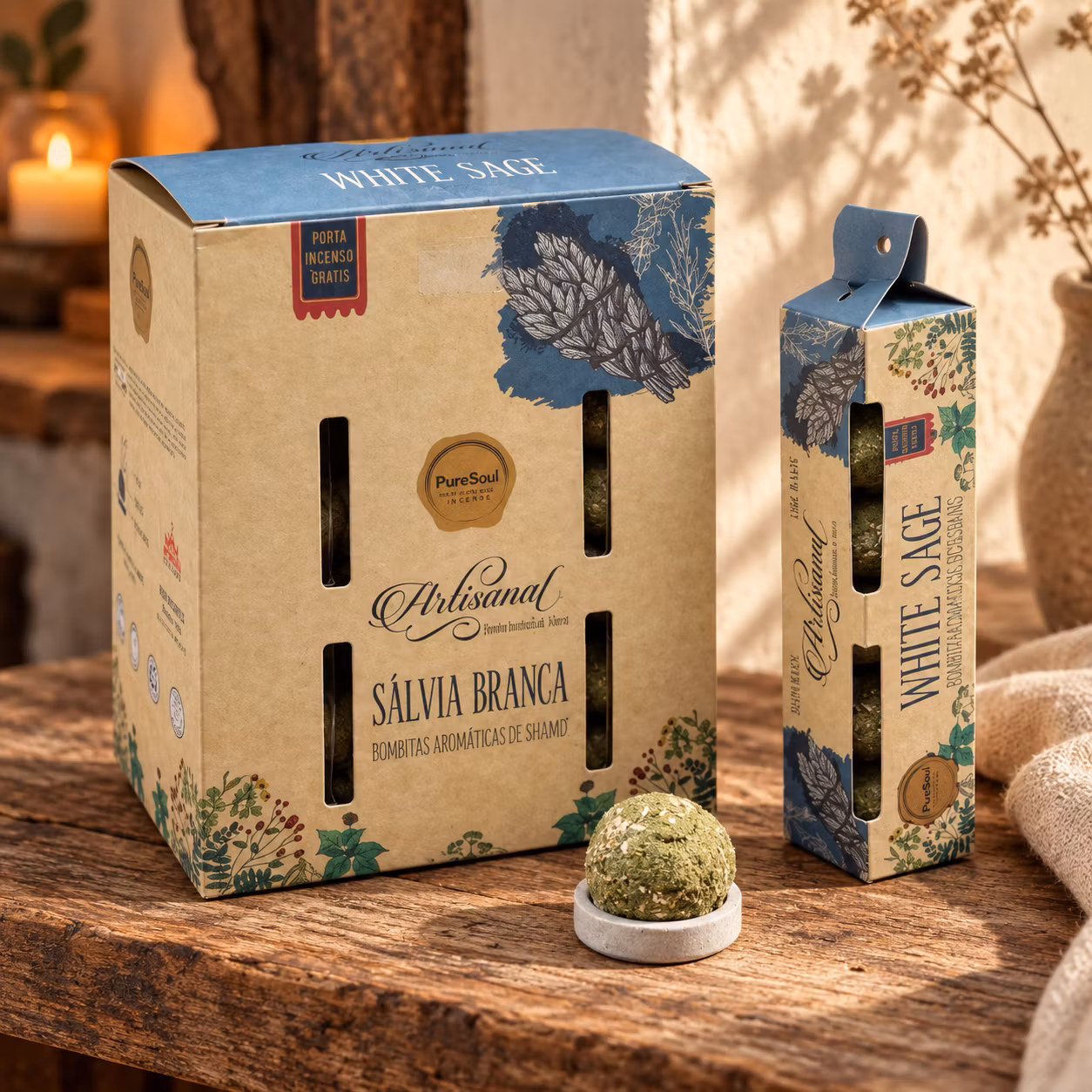 Pure Soul Rökelsebollar – Vit salvia, 5 st med hållare