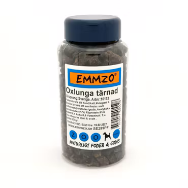 Emmzo Svenskt Hundgodis Oxlunga tärnad burk 300g