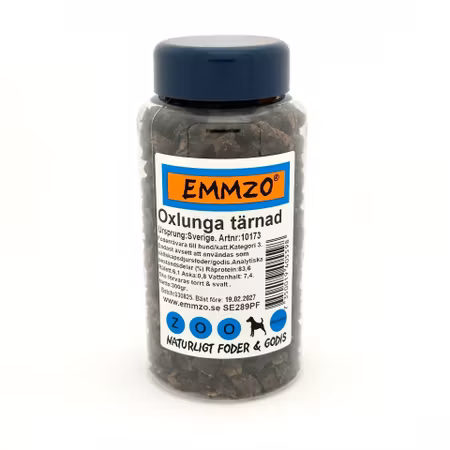 Emmzo Svenskt Hundgodis Oxlunga tärnad burk 300g