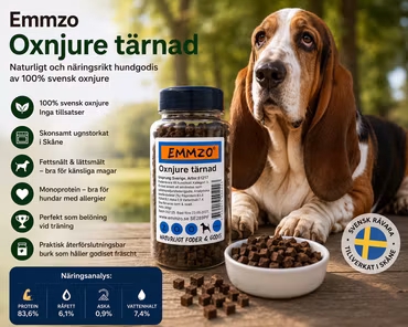 Emmzo Svenskt Hundgodis Oxnjure tärnad burk 300 g
