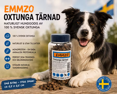 Emmzo Svenskt Hundgodis Oxtunga tärnad burk 300g