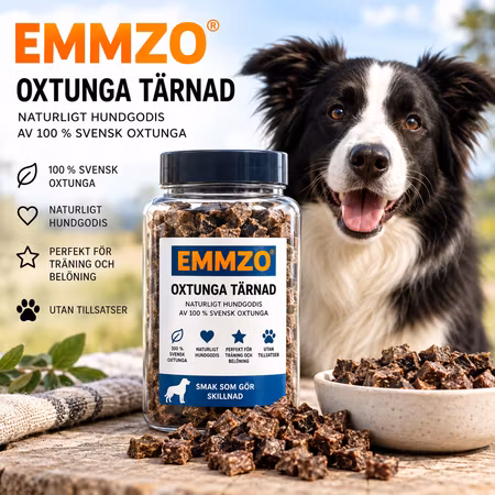 Emmzo Svensk Oxtunga tärnad burk 300g - Hundgodis Storpack