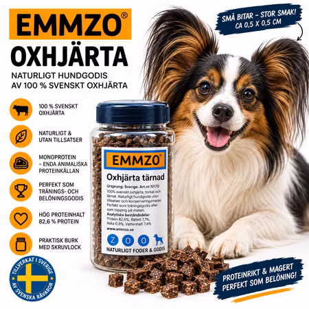 Emmzo Svensk Oxhjärta Tärnad Burk 300 g - Hundgodis Storpack