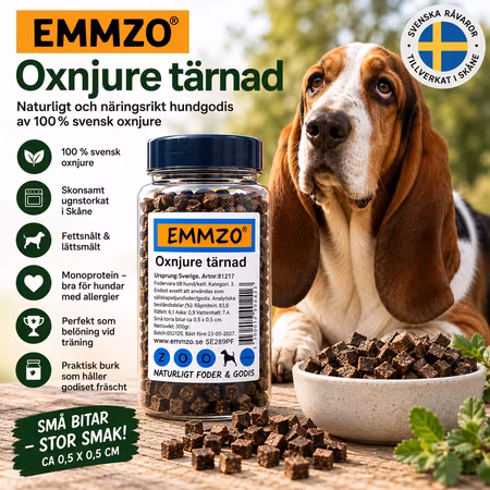 Emmzo Svensk Oxnjure Tärnad 300 g - Hundgodis