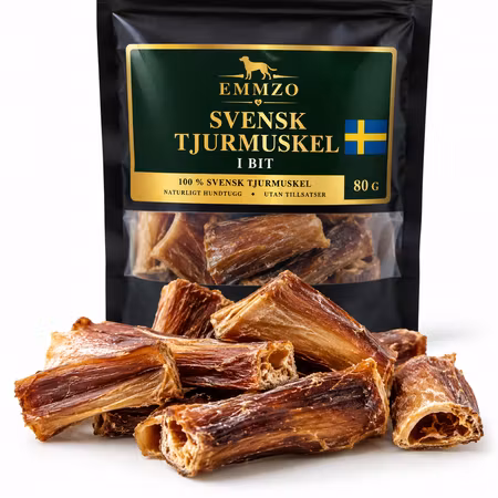 Emmzo Svensk Tjurmuskel i Bit 80 g – Naturligt Hundtugg