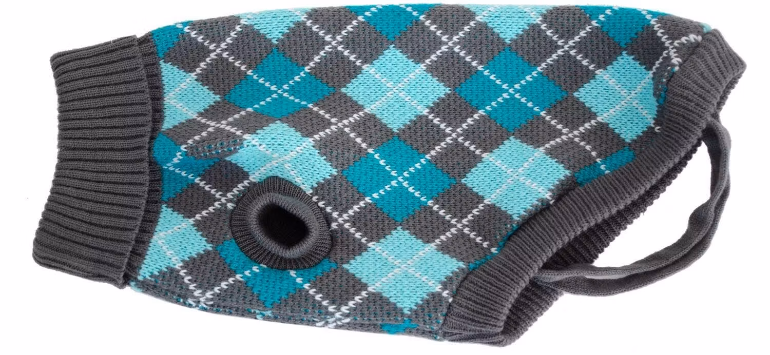 Stickad tröja med krage turkos/grå 40cm