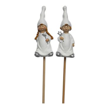 Två vita julfigurer med adventsstjärnor