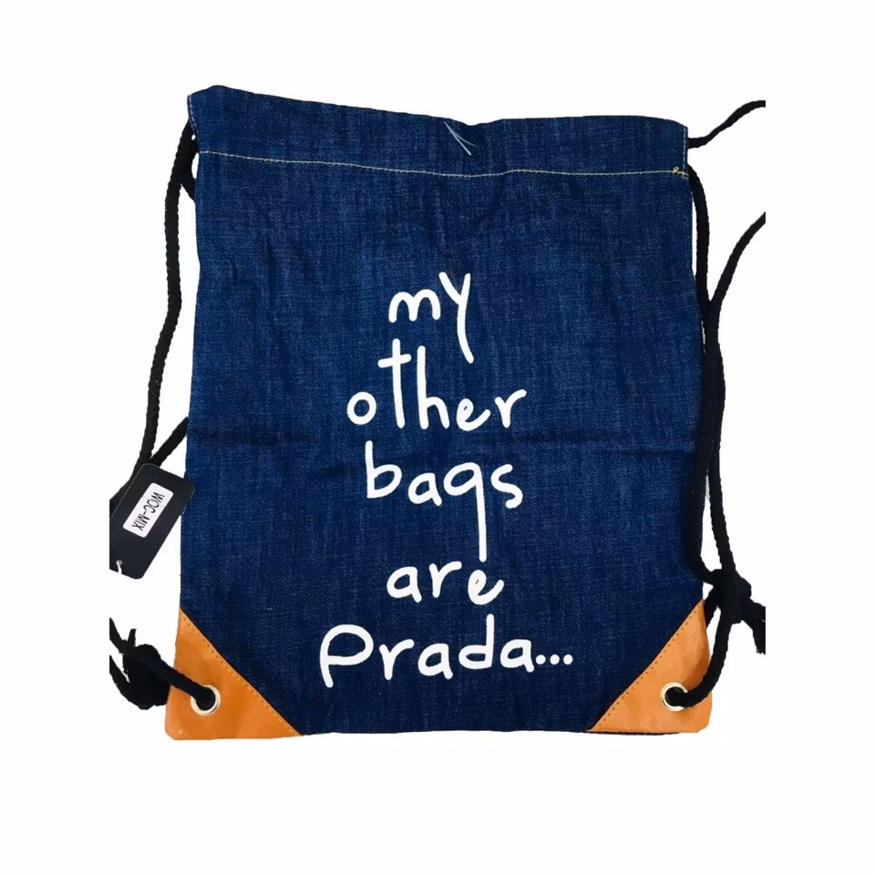 Gympapåse i Denim med texten 'my other bags are Prada'