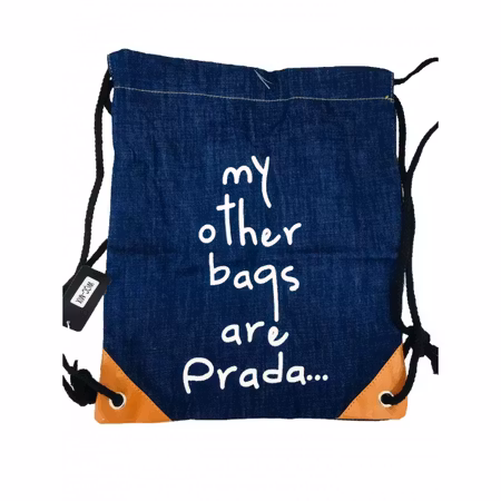 Gympapåse i Denim med texten 'my other bags are Prada...'