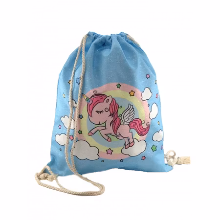 Gympapåse Unicorn / Enhörning Blå med Skuttande Rosa Unicorn på Moln