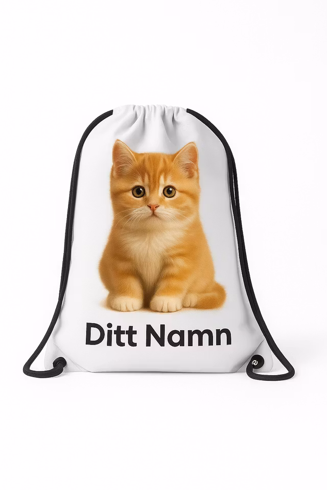 Vit gympapåse med gullig katt– tryckt motiv, skriv ditt namn