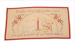 Jul bonad handsydd år 1940 "Snälla folket låtit maten rara stå på bordet åt en tomte skara"