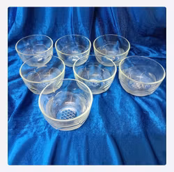 7 st franska glasskålar med blomstermönstrad botten, Vintage