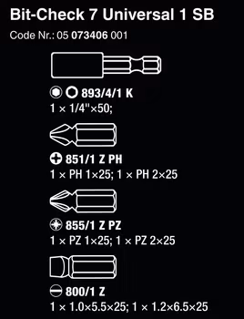 WERA Bit-Check 7 Universal 1 SB Bits assortment 893/4/1 K 1 x 1/4"x50;851/1 Z PH 1 x PH 1x25; 1 x PH