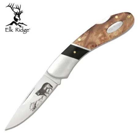 Elk Ridge fällkniv med vargmotiv 3-pack – 8 cm blad, burlwood