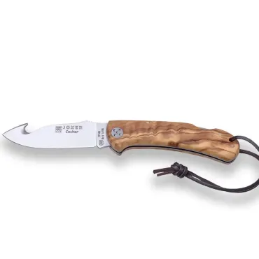 Joker Cocker handgjord jaktfällkniv 9 cm med buköppnare – olivträ och läderfodral