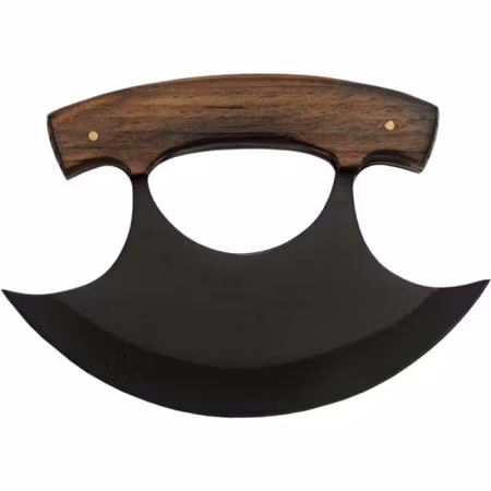 Svart Ulu skinner kniv med rött handtag av ädelträ.