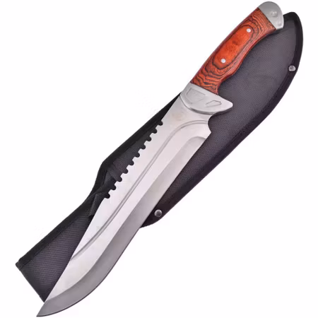 Bowie kniv med handtag av rött ädelträ och såg rygg