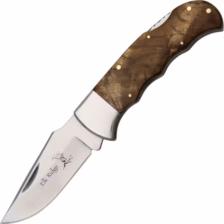 Traditionell fällkniv med handtag av vackert Burlwood och rostfritt stål