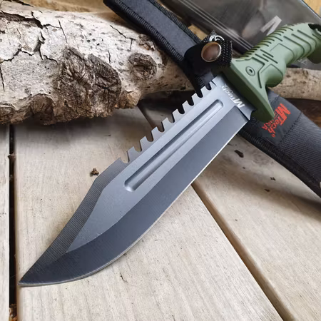 Taktiskt kniv för armen svart blad militärt grönt handtag.