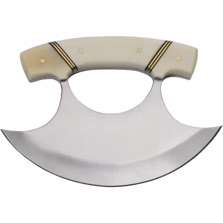 Klinglängd: 14 cm Handtagslängd: 12 cm Typ: Ulu-kniv Handtag: Äkta djurben Slida: Brun läder Varumärke: Rite Edge