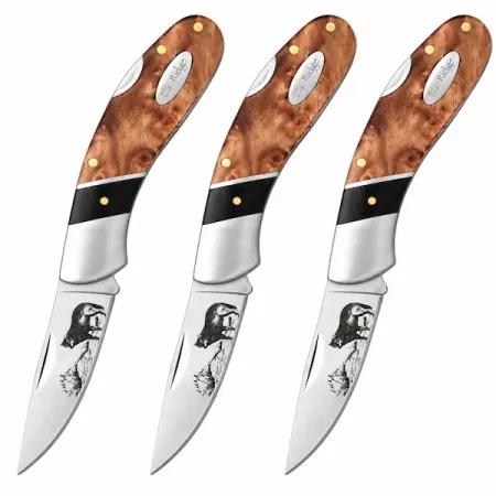 Elk Ridge fällkniv med vargmotiv 3-pack – 8 cm blad, burlwood