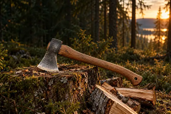 Campingyxa på mossig stubbe i skog