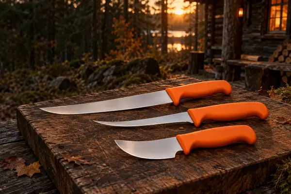 Tre slaktknivar med orange handtag i skogsmiljö