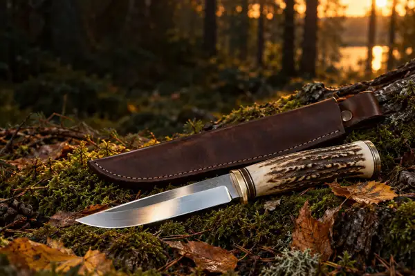 Jaktkniv med hjorthornsskaft och läderslida i skog