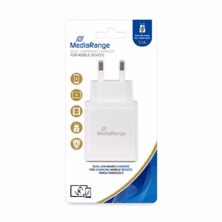 MediaRange Dobbel USB-nettlader, 3,1 A utgangseffekt, hvit