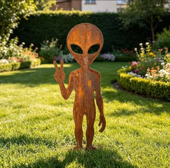 👽 Alien i cortenstål – Morsom hagefigur 40 cm