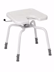 PRACTIC Hygiene shower stool: 360° swivel seat, hygiene cut-out, 45–60 cm, up to 130 kg. CE-marked Class I, 5-year warranty.